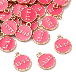 Светло-Вишневый Сплав эмали прелести, золотой плоский круг с счастливым числом 11:11 талисман, светло-вишневый, 14.5x12x2 мм, отверстие : 1.5 мм
