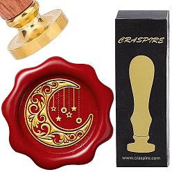 Луна Набор сургучной печати, золотистый тон сургучной печати цельная латунная головка, с деревянной ручкой в стиле ретро, для конвертов приглашений, подарочная карта, луна, 83x22 мм, штампы: 30x14.5 мм