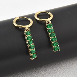 Настоящее золото 18K Овальные 304 серьги-кольца из нержавеющей стали с зеленым кубическим цирконием, реальный 18 k позолоченный, 39.5x5.5 мм