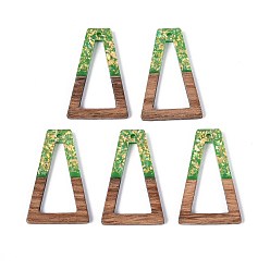 Зеленый лайм Подвески из непрозрачной смолы и орехового дерева, трапециевидные подвески, с блестящей пудрой и золотой фольгой, зеленый лайм, 38x24.5x3 мм, отверстие : 2 мм