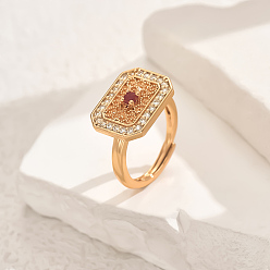 Красный Геометрические полые латунные микропаве кубические цирконии регулируемые кольца для женщин, красные, 17x13 мм, внутренний диаметр: регулируемый