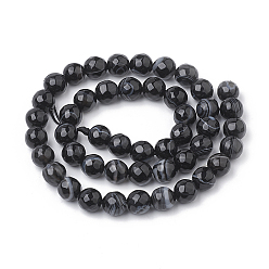 Black Natural Striped Agate/Banded Agate Beads Strands, Dyed, Faceted, Round, Black, 8mm, Hole: 1.2mm, about 45pcs/strand, 15.3 inch