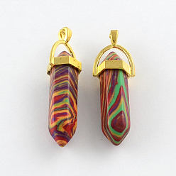 Золотой Малахита камень подвески с выводами сплава, золотые, 40~42x13.5x10 мм, отверстие : 2 мм