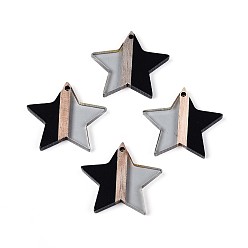 Черный Прозрачные подвески из смолы и дерева, звезда, два тона, чёрные, 26.2x28.2x3.2~3.6 мм, отверстие : 1.8 мм