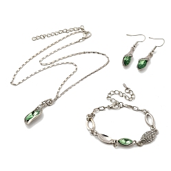 Изумруд Сплава горный хрусталь комплектов ювелирных изделий, включают браслеты, серьги и ожерелья, волна/самородки, платина, изумруд, 450 мм