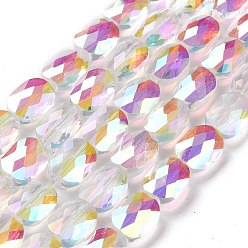 Clear Faceted Electroplated Transparent Glass Beads Strands, Half Rainbow Plated, Oval, Clear, 10.5x8x5mm, Hole: 1.5mm, about 58~60pcs/strand, 25.59 inch(65cm)