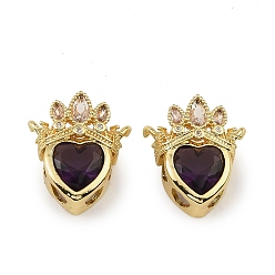 Real 18K Gold Plated Brass & Cubic Zirconia & Glass Multi-Strand Links, Heart with Crown, Rack Plating, Long-Lasting Plated, Cadmium Free & Lead Free, Real 18K Gold Plated, 19x17x8mm, Hole: 1.6mm