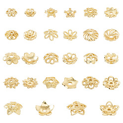 Настоящее золото 18K 56 шт. 14 стили цветочные латунные колпачки для бусин, реальный 18 k позолоченный, 5.5~10x6~10.5x1.8~3 мм, отверстие : 1~2 мм, 4 шт / стиль
