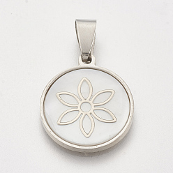 Stainless Steel Color 201 Stainless Steel Pendants, with Shell, Flat Round with Flower, Stainless Steel Color, 23x20x3~4mm, Hole: 3x6mm