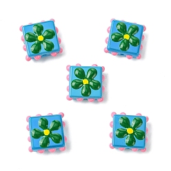 Cornflower Blue 5Pcs Handmade Lampwork Enamel Beads, Bumpy Square with Flower, Cornflower Blue, 17.5x17.5x7mm, Hole: 1~1.5mm