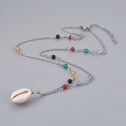 Natural Agate Cowrie Shell Pendant Necklaces, with Natural Agate Beads and 304 Stainless Steel Chains, 19.9~20.9 inch(50.5~53cm)