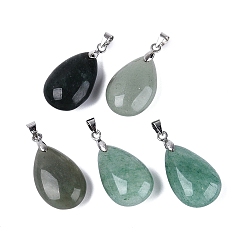 Зеленый Авантюрин Естественный зеленый авантюрин подвески, слезинки, с защелкой из нержавеющей стали на поручнях, цвет нержавеющей стали, 28~32x14~16x8~10 мм, отверстие : 4.5x3.5 мм