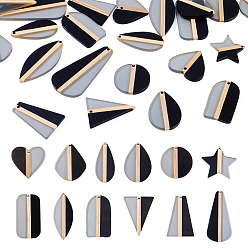 Черный 24 шт. 12 стили подвески из прозрачной смолы и натурального дерева, разнообразные, два тона, чёрные, 26.2~58.1x18~29.8x3.2~3.7 мм, отверстие : 1.8~2 мм, 2 шт / стиль