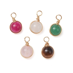 Смешанные камни 5 шт. 5 стили окрашенный натуральный малайзийский нефрит и кварц и зеленый авантюрин и тигровый глаз и розовый кварц подвеска с медной проволокой, круглые подвески, золотые, 16~18x9.5x8.5 мм, отверстие : 2.5~3.5 мм, 1 шт / стиль