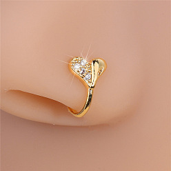 Сердце Латунные прозрачные кубические цирконии в форме U-образной клипсы на носовые кольца, золотые, сердце, 10x6 мм