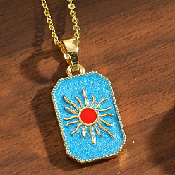 Deep Sky Blue Brass Enamel Rectangle with Sun Dog Tag Pendant Necklaces for Women, Golden, Deep Sky Blue, 15.75 inch(40cm)