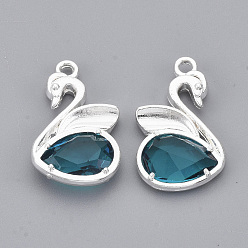 Silver Eco-Friendly Alloy Glass Pendants, Faceted, Nickel Free, Swan, Dark Turquoise, Silver Color Plated, 20x12.5x4mm, Hole: 1.5mm
