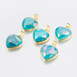 Cyan Electroplated Natural Quartz Crystal Pendants, with Brass Finding, Heart, Faceted, Golden, Cyan, 22x19.5~20x7~8mm, Hole: 4x5mm