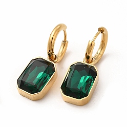 Зеленый Ионное покрытие (ip) 304 серьги-кольца из нержавеющей стали, прямоугольная стеклянная серьга с подвеской для женщин, золотые, зелёные, 31 мм, штифты : 0.9 мм