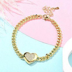 Настоящее золото 18K Латунь микро проложить кубические циркониевые браслеты, браслеты с цепочками для женщин, сердце, реальный 18 k позолоченный, 6-3/4 дюйм (17 см), Кулон : 14.5x25 мм