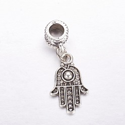 Antique Silver Tibetan Style Alloy European Dangle Charms, Large Hole Pendants, Hamsa Hand/Hand of Fatima/Hand of Miriam, Antique Silver, 32mm, Hole: 4.5mm, Pendant: 20.5x12.5x2mm