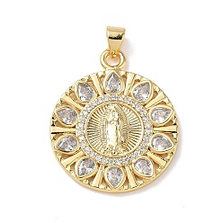 Настоящее золото 18K Религиозные латунные подвески с микропаве из прозрачного кубического циркония, плоский круглый с подвесками Девы Марии, стойки покрытие, долговечный, без кадмия и без свинца, реальный 18 k позолоченный, 28.5x23.5x2.5 мм, отверстие : 4.5x3.5 мм