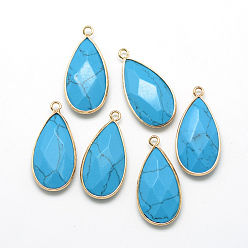Deep Sky Blue Synthetic Turquoise Pendants, with Golden Tone Brass Findings, Faceted, teardrop, Deep Sky Blue, 32.5~33x16x6mm, Hole: 2.5mm
