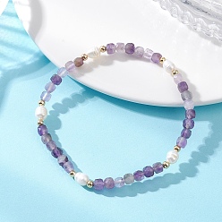 Аметист Браслеты из натуральных кубических бусин аметиста для женщин, с овальным жемчугом и латунными бусинами, реальный 18 k позолоченный, внутренний диаметр: 2.48 дюйм (6.3 см)