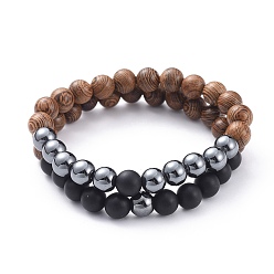 Non-magnetic Hematite Unisex Stretch Bracelet Sets, with Non-Magnetic Synthetic Hematite & Natural Black Agate(Dyed) Beads and Wood Beads, 2-1/8 inch(5.5cm), 2pcs/set