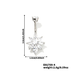 Платина Кольца для пупка в форме изогнутой штанги из латуни с прозрачным кубическим цирконием и блестящим цветком для ежедневного ношения, платина, 36x16 мм