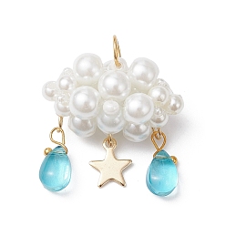 Темно-Голубой Подвески из перламутрового стекла с бусинами из жемчуга, облако со слезой и звездой, с 304 открытыми соединительными кольцами из нержавеющей стали и подвеской, глубокое синее небо, 27.5x26.5x15.5~16 мм, отверстие : 4.5 мм