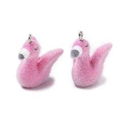 Flamingo Shape Флокированные подвески из непрозрачной смолы, с платиновыми тоновыми железными петлями, очарование животных, фламинго, форма фламинго, 27.5x17.5x26 мм, отверстие : 2 мм