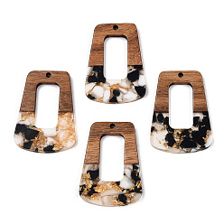 Черный Подвески из прозрачной смолы и ореха, золотой фольгой, трапециевидные подвески, чёрные, 37.5x27x3 мм, отверстие : 2 мм