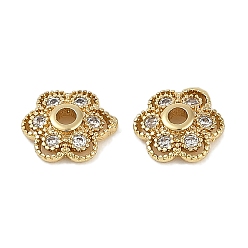 Настоящее золото 18K Колпачки для бусин из прозрачного кубического циркония из латуни, без кадмия, без никеля и без свинца, цветок, реальный 18 k позолоченный, 7.5x7.5x2 мм, отверстие : 1.4 мм