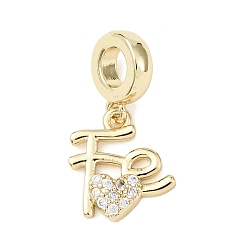 Настоящее золото 18K Латунь микропаве прозрачный кубический цирконий европейские подвески с подвесками, подвески в форме сердца с большим отверстием, реальный 18 k позолоченный, 22.5 мм, отверстие : 4.7 мм
