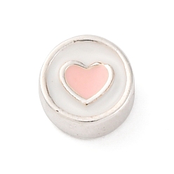 Pink 925 бусины из стерлингового серебра с эмалью, плоско-круглые с сердцем, серебряный цвет гальваническим, розовые, 6x2.5 мм, отверстие : 1 мм
