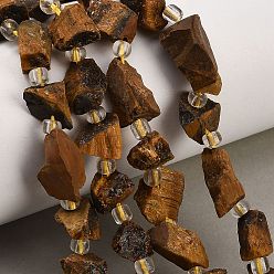 Tiger Eye Natural Tiger Eye Beads Strands, Raw Rough, Nuggets, with Seed Beads, 8~19x7~10x6~8mm, Hole: 1mm, about 28~30pcs/strand, 15.16''(38.5cm)~15.94''(40.5cm)