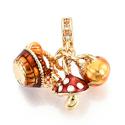 Настоящее золото 18K Латунное микропейв с кубическим цирконием европейские подвески с подвесками, с эмалью, Подвески с большими отверстиями, без кадмия и без свинца, хлебная корзина, грибы и тыква, реальный 18 k позолоченный, 26 мм, отверстие : 4.5 мм