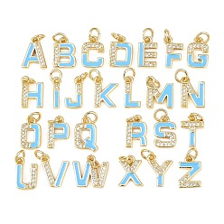 Светло-Голубой Латунные микро проложить кубического циркония прелести, с эмалью, Письмо ~ Z, реальный 18 k позолоченный, Небесно-голубой, 11.5~12.5x3.5~12.5x2.5 мм, Перейти кольцо: 5x1 мм, внутренний диаметр: 3.5 мм