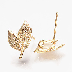 Real 18K Gold Plated Brass Ear Stud Findings, with Loop, Nickel Free, Real 18K Gold Plated, Leaf, 15.5x10mm, Hole: 2mm, pin: 0.5mm