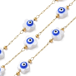 Real 18K Gold Plated Ion Plating(IP) 304 Stainless Steel Link Chains, with Shell & Enamel & Spool, Soldered, Real 18K Gold Plated, 2x0.7x0.2mm, Flower: 6.5x7x3.5mm, about 32.81 Feet(10m)/Roll