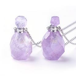 Amethyst Natural Amethyst Openable Perfume Bottle Pendant Necklaces, with 304 Stainless Steel Cable Chain and Plastic Dropper, Bottle, Size: about 34~40 long, 15~20mm wide