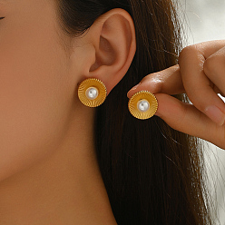 Плоский Круглый Стильные серьги-гвоздики из нержавеющей стали, с имитацией жемчуга, золотые, плоско-круглые, 18 мм