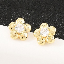 Настоящее золото 18K Серьги-гвоздики из латунного микро-паве, цветок, долговечный, стойки покрытие, без свинца и без кадмия, реальный 18 k позолоченный, 7x7 мм