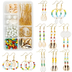 Mixed Color DIY Natural Shell Drop Earring Making Kit, Including Glass Pearl & Seed Beads, Shell Pearl & Cowrie Shell Beads, Shell Pendant, Brass Beads & Hoop Earring Pendant & Jump Rings & Pin & Earring Hooks, Mixed Color, Shell: 12pcs/box