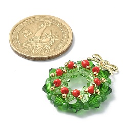 Lime Green Imitation Austrian Glass Beaded Pendants, with Nylon Wire & Brass Loops, Christmas Wreath Charms, Lime Green, 32.5x26x7mm, Hole: 1.2mm