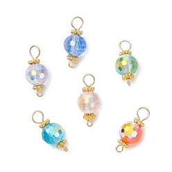 (52) Непрозрачная лаванда Круглые стеклянные подвески-соединители с гранями, с колпачками из сплава в тибетском стиле и 304 петлями из нержавеющей стали, золотые, разноцветные, 18x8 мм, отверстия : 1.6 mm и 3.5 мм