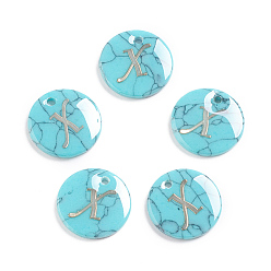 Letter X Synthetic Turquoise Charms, with Plastic Letter, Flat Round, Letter.X, 15x2mm, Hole: 1.5mm