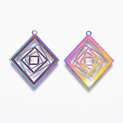 Rainbow Color Ion Plating(IP) 304 Stainless Steel Filigree Pendants, Etched Metal Embellishments, Rhombus, Rainbow Color, 28.5x22.5x0.4mm, Hole: 1.2mm