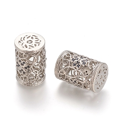 Platinum Brass Micro Pave Clear Cubic Zirconia Beads, Long-Lasting Plated, Hollow, Column with Flower, Clear, Platinum, 18x12.5mm, Hole: 2mm